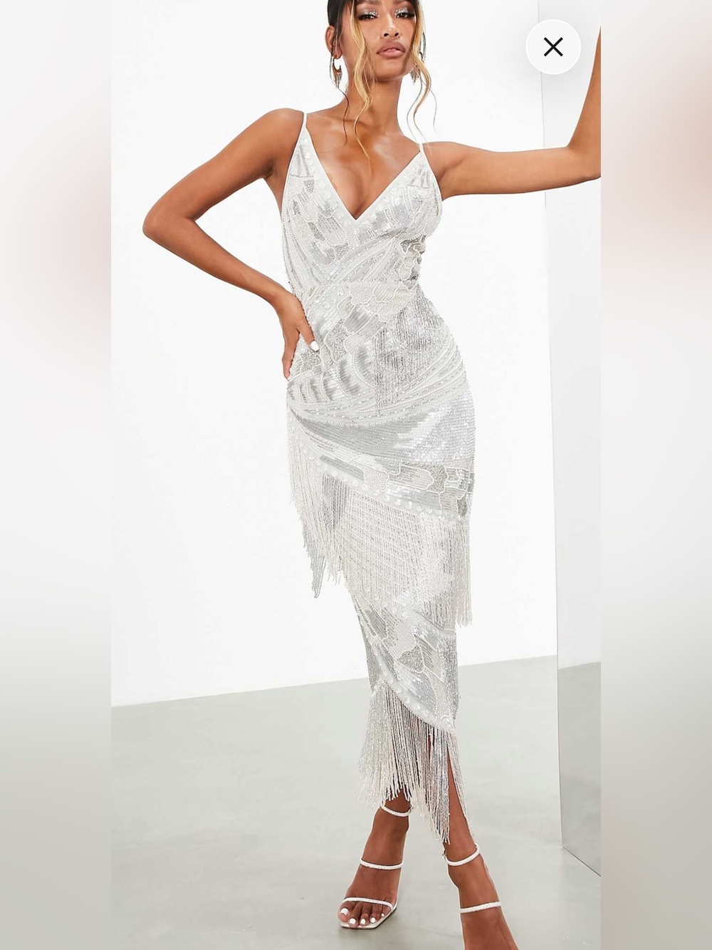 ASOS EDITION Silver Sequin Fringe V-Neck Dress